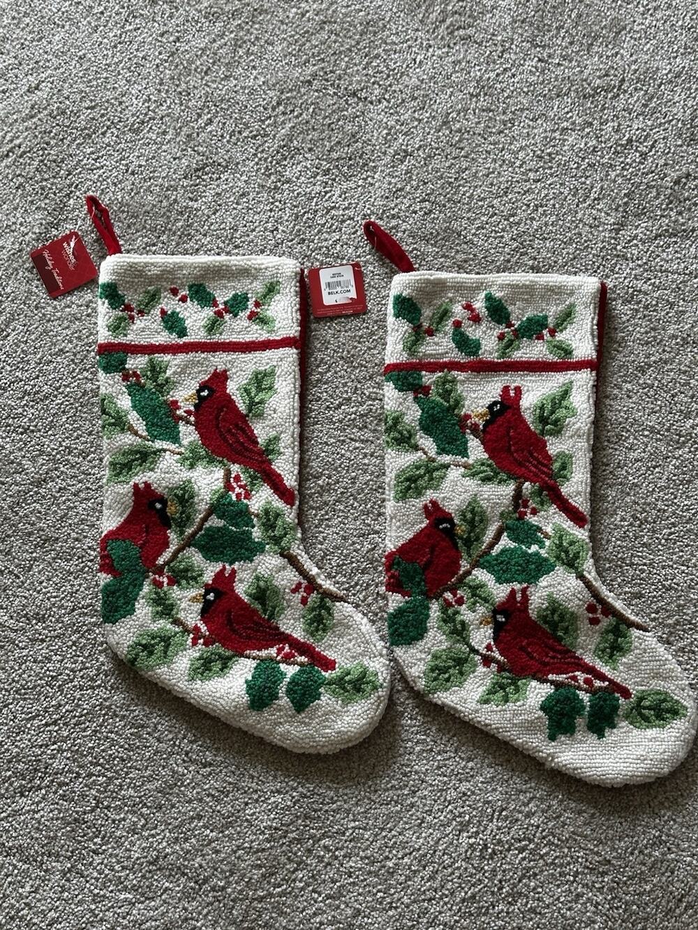 2 Vintage Latch Hook Christmas Holiday Stocking Cardinals Birds Old Stock Belks